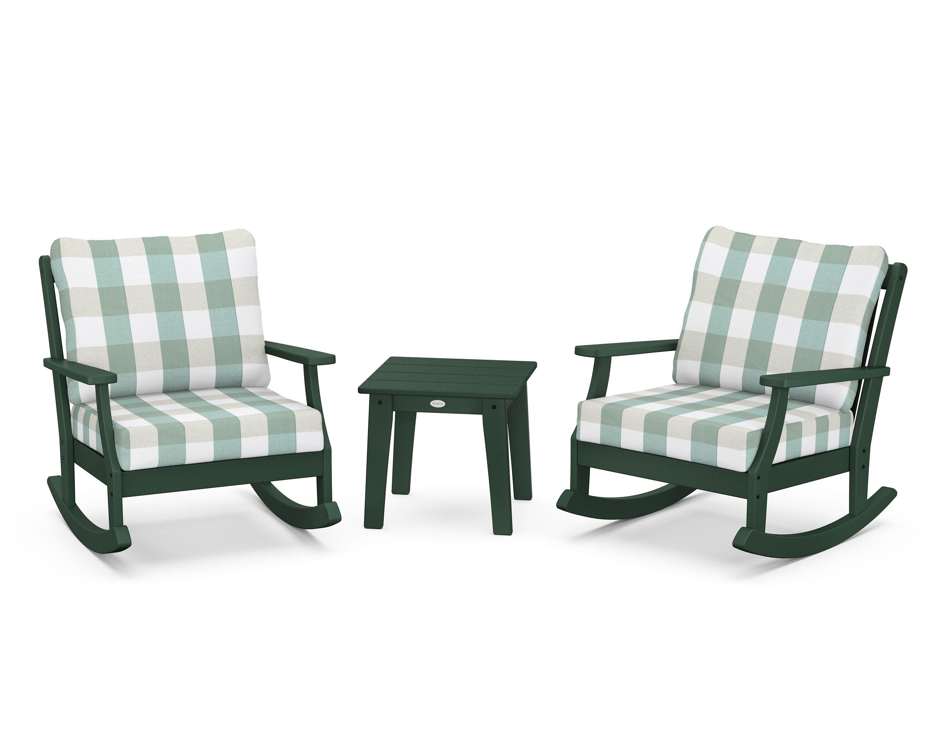 POLYWOOD® Braxton 3-Piece Deep Seating Rocker Set in Green / Buffalo Plaid Glacier Spa