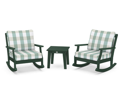 POLYWOOD® Braxton 3-Piece Deep Seating Rocker Set in Green / Buffalo Plaid Glacier Spa