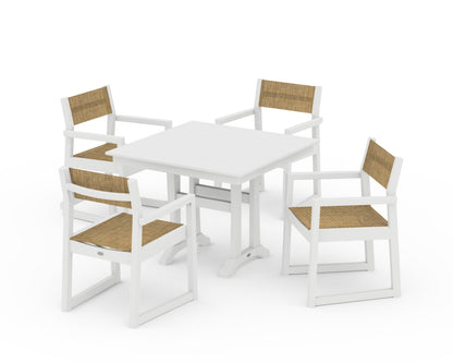 POLYWOOD® EDGE Sling 5-Piece Farmhouse Dining Set with Trestle Legs in White / Burlap Sling