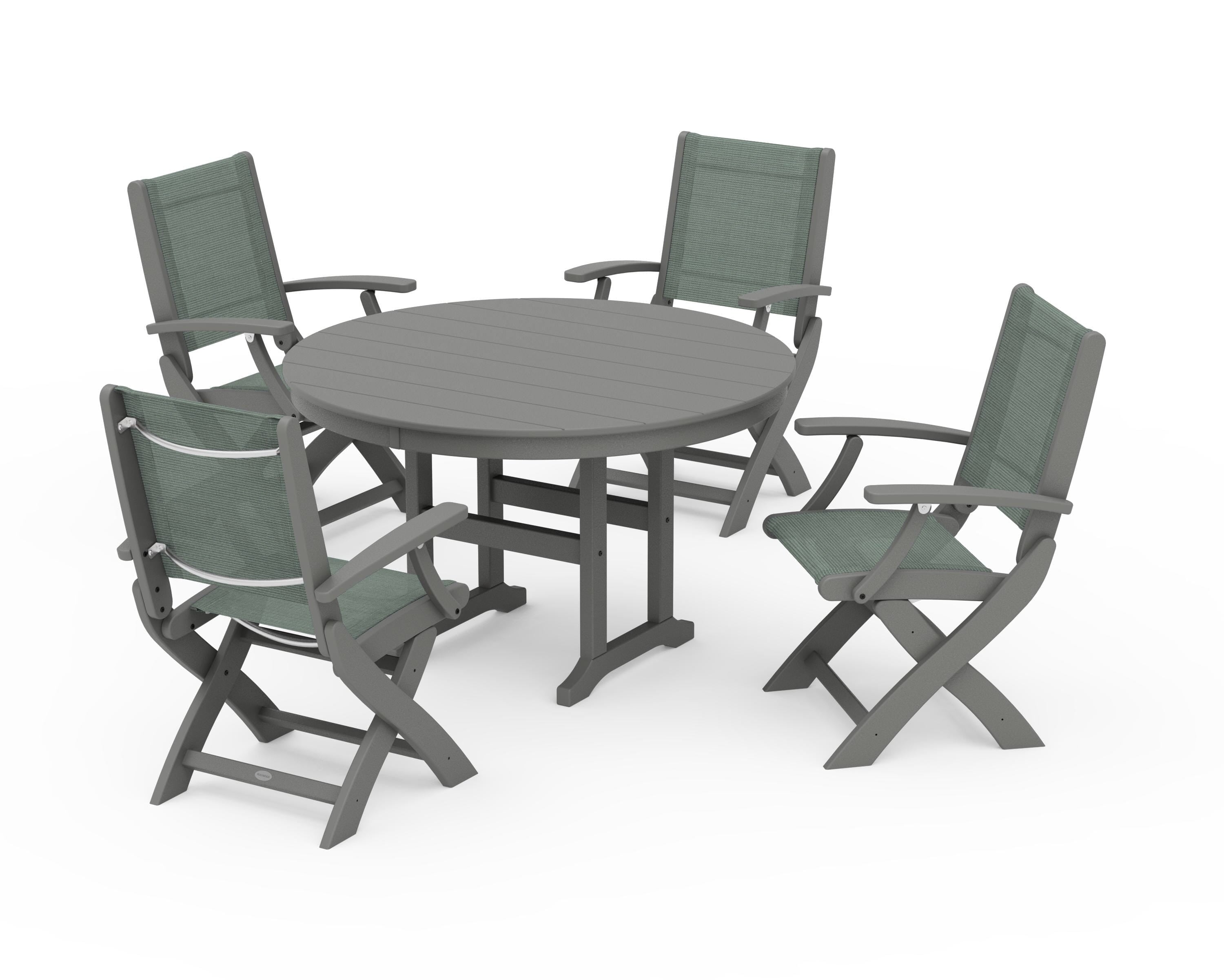 POLYWOOD® Coastal Folding Chair 5-Piece Round Dining Set in Slate Grey / Dupioni Sea Mist Sling