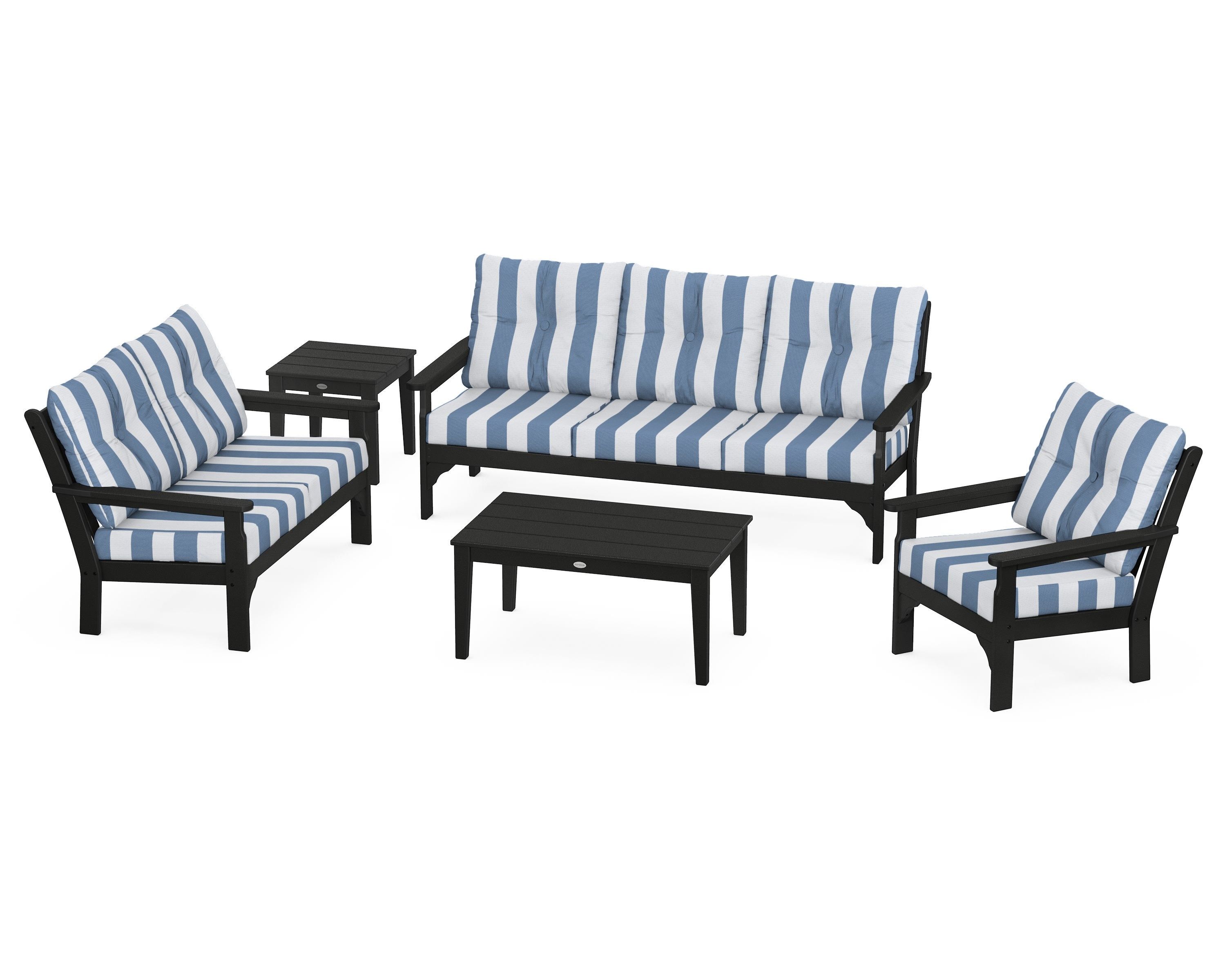 POLYWOOD® Vineyard 5 Piece Deep Seating Set in Black / Cabana Stripe Sky Blue