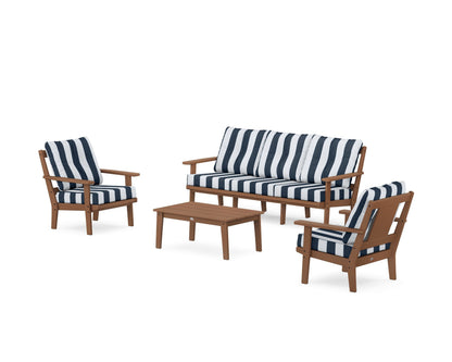 POLYWOOD® Prairie 4-Piece Deep Seating Set with Sofa in Teak / Cabana Stripe Marine Indigo