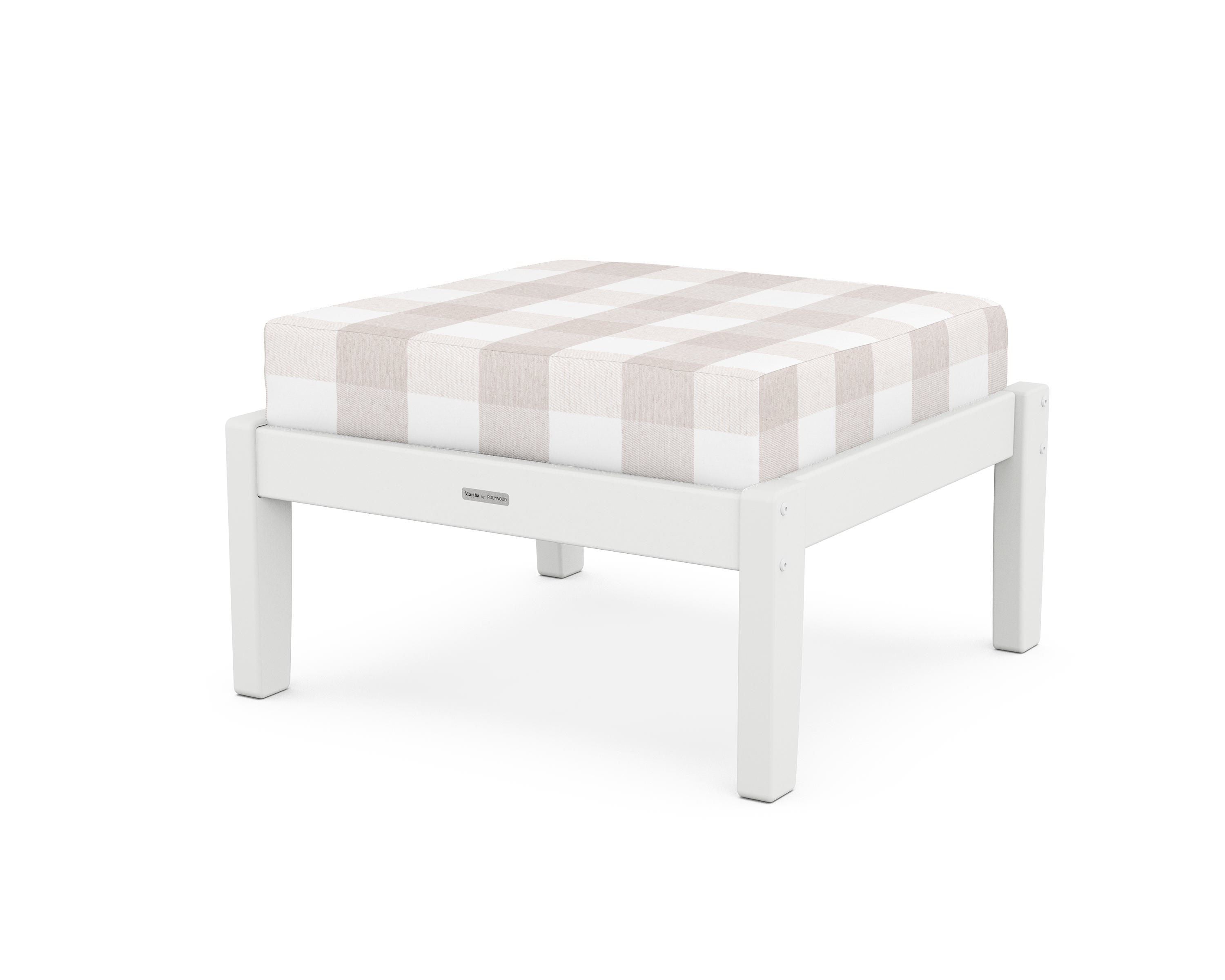 Martha Stewart by POLYWOOD® Chinoiserie Deep Seating Ottoman in White / Buffalo Plaid Dune Burlap