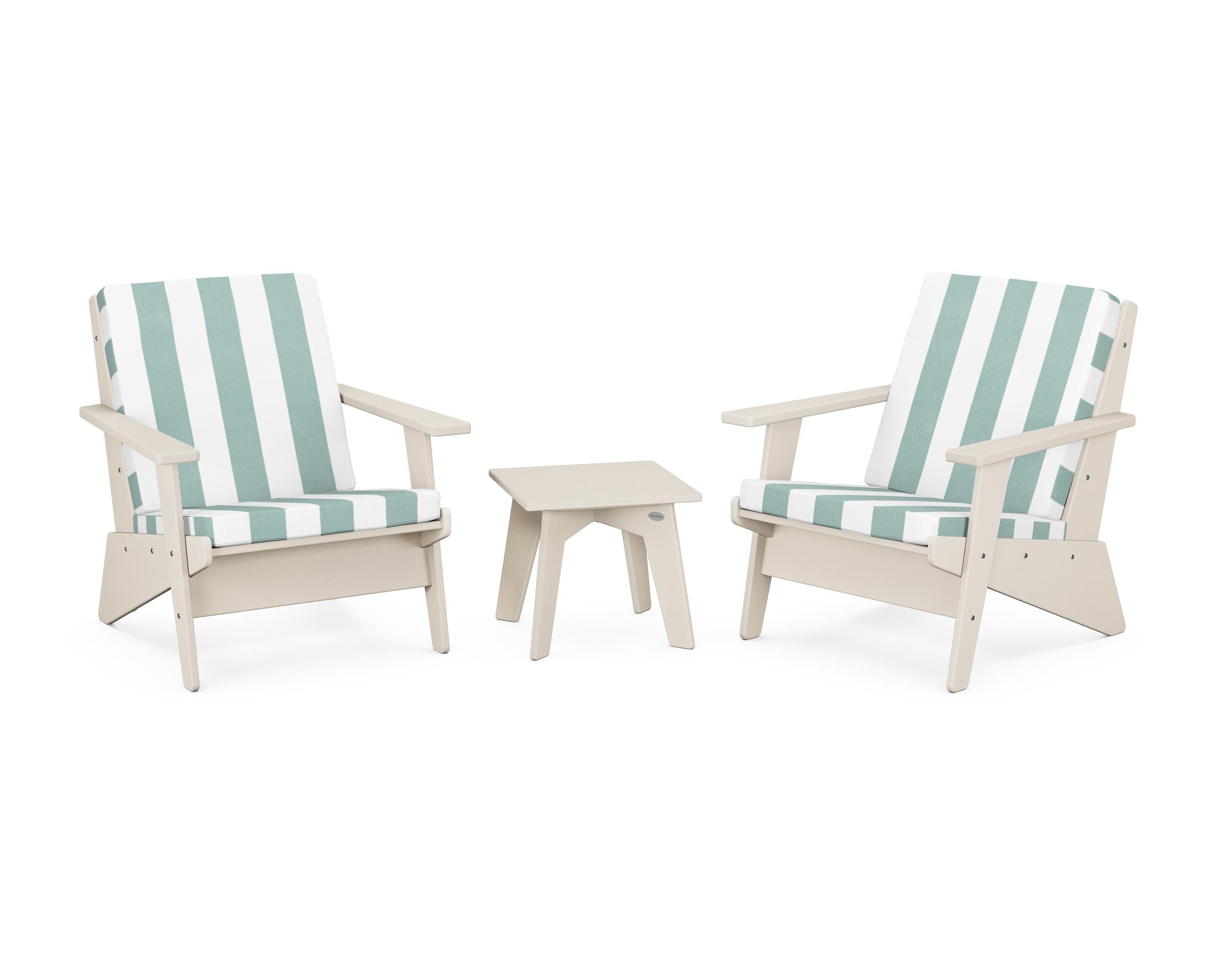 POLYWOOD® Riviera Modern Lounge 3-Piece Set in Sand / Cabana Stripe Glacier Spa