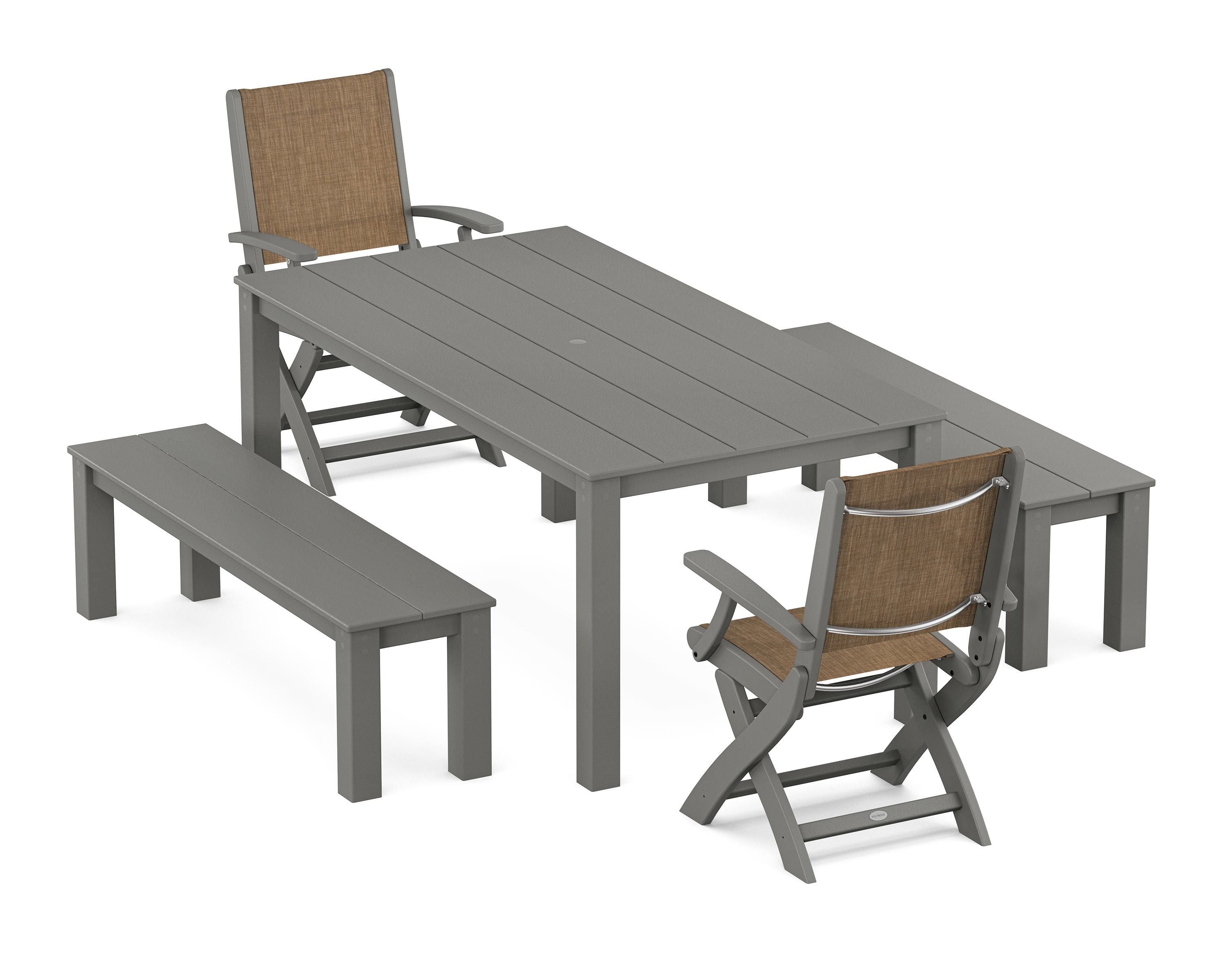 POLYWOOD® Coastal Folding Chair 5-Piece Parsons Dining Set with Benches in Slate Grey / Burlap Sling