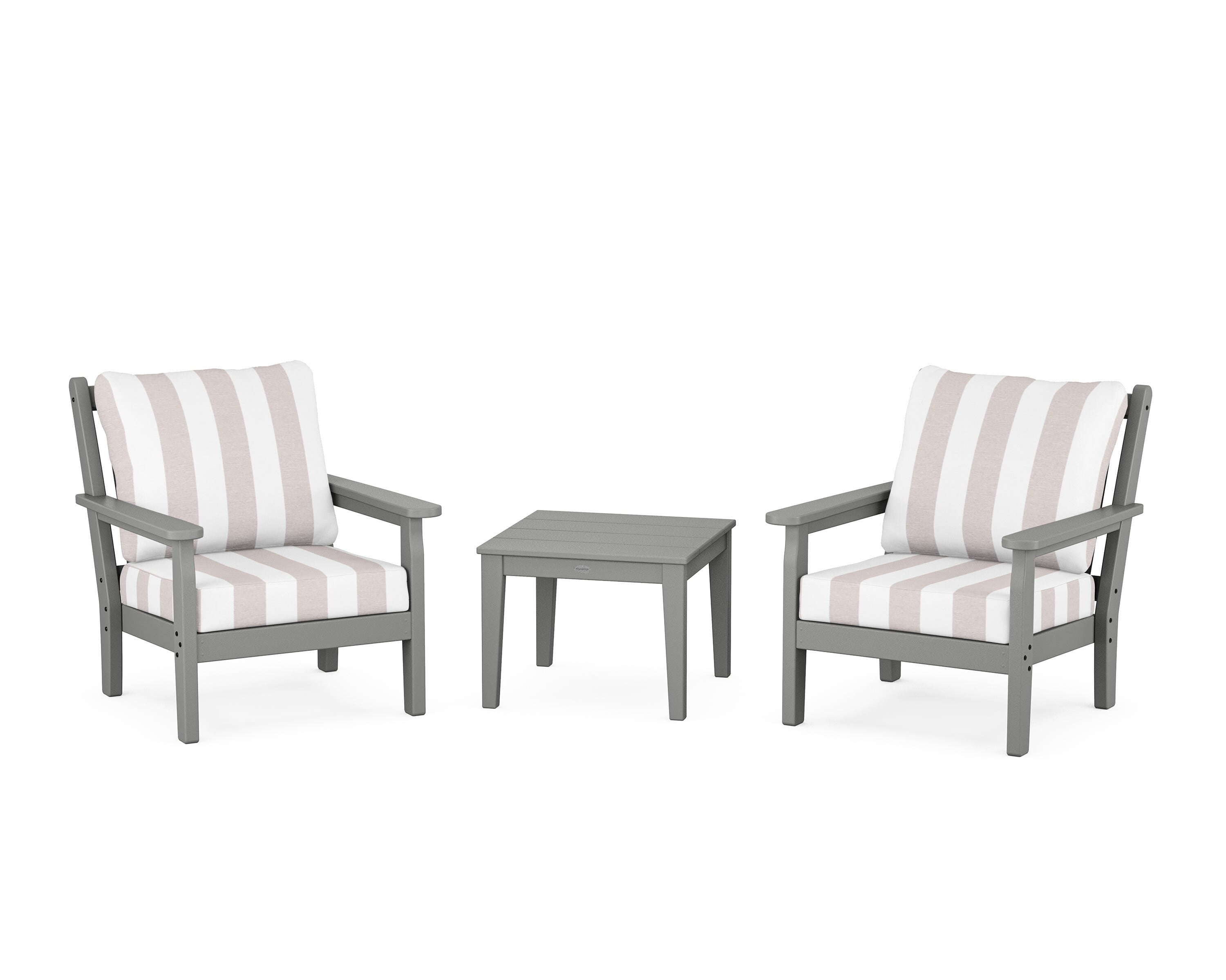 POLYWOOD® Chippendale 3-Piece Deep Seating Set in Slate Grey / Cabana Stripe Dune Burlap