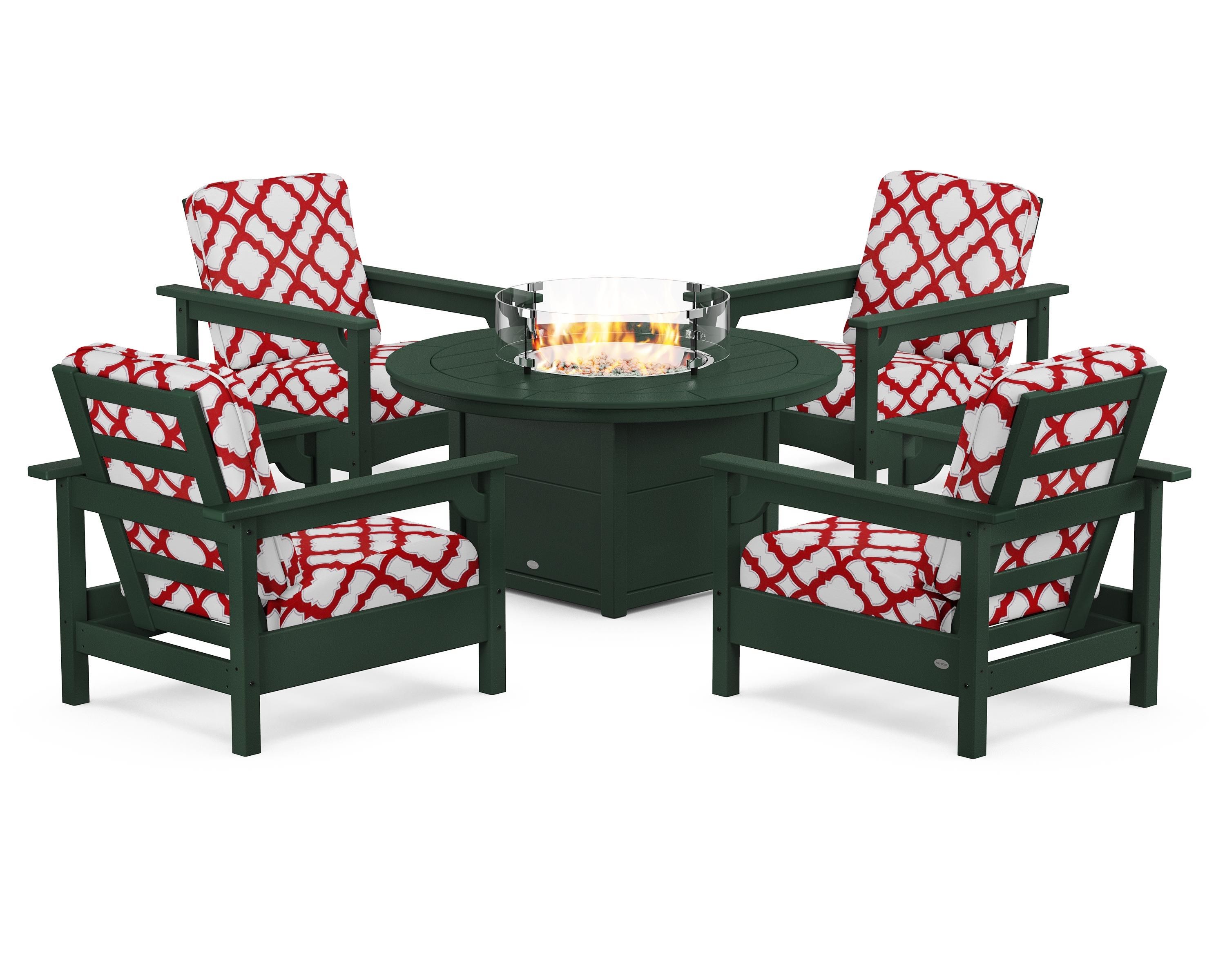 POLYWOOD® Club 5-Piece Conversation Set with Fire Pit Table in Green / Trellis Crimson