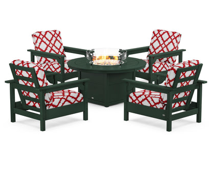 POLYWOOD® Club 5-Piece Conversation Set with Fire Pit Table in Green / Trellis Crimson
