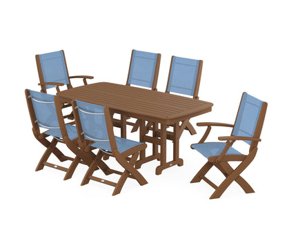 POLYWOOD® Coastal Folding Chair 7-Piece Dining Set in Teak / Poolside Sling