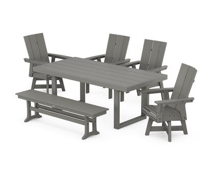 POLYWOOD® Modern Curveback Adirondack Swivel Chair 6-Piece Dining Set with Bench in Slate Grey