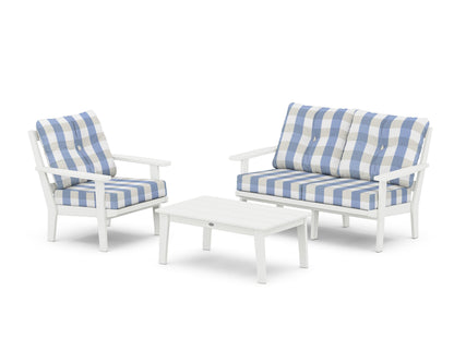 POLYWOOD® Oxford 3-Piece Deep Seating Set with Loveseat in White / Buffalo Plaid Sky Blue