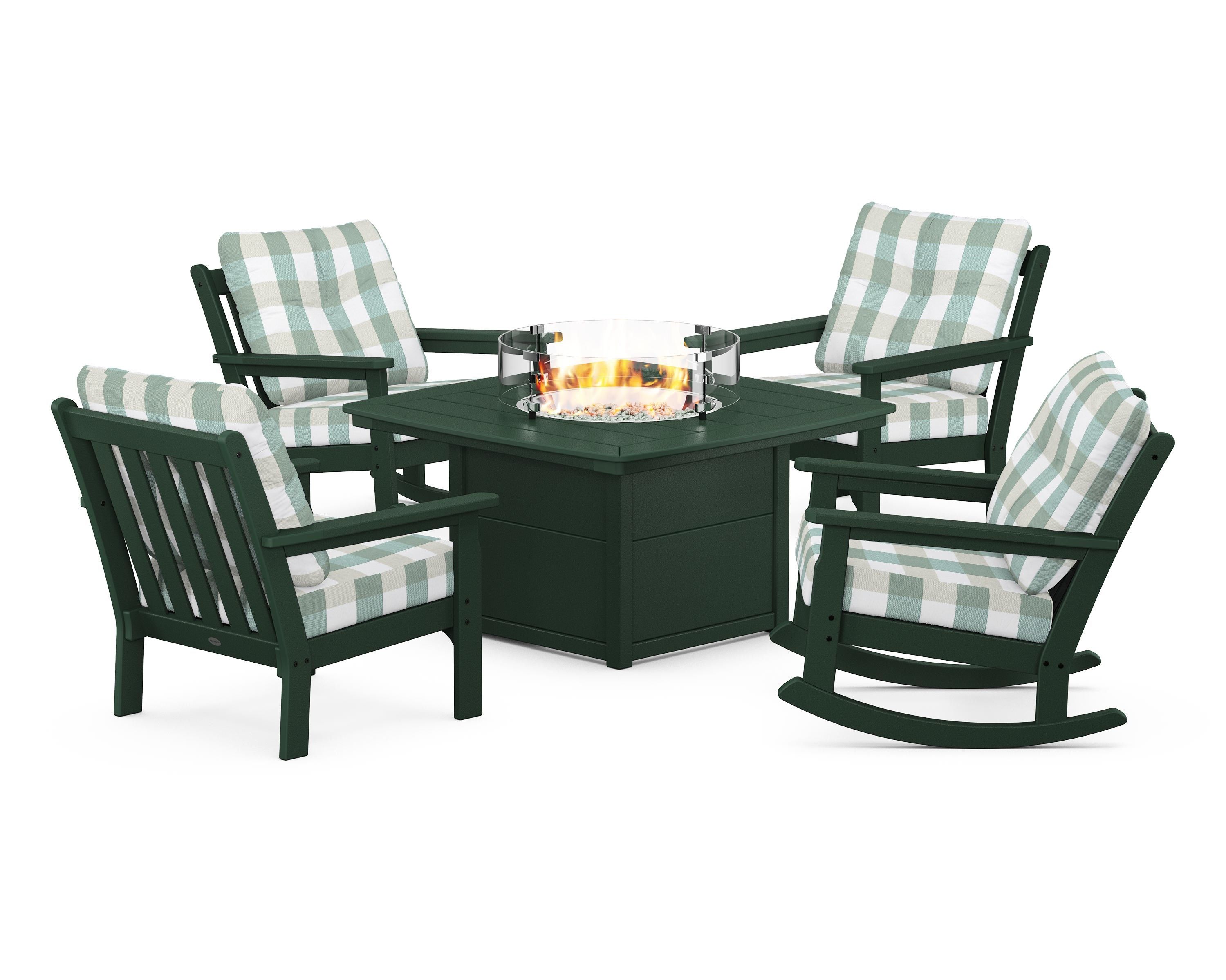 POLYWOOD® Vineyard 5-Piece Deep Seating Rocking Chair Conversation Set with Fire Pit Table in Green / Buffalo Plaid Glacier Spa