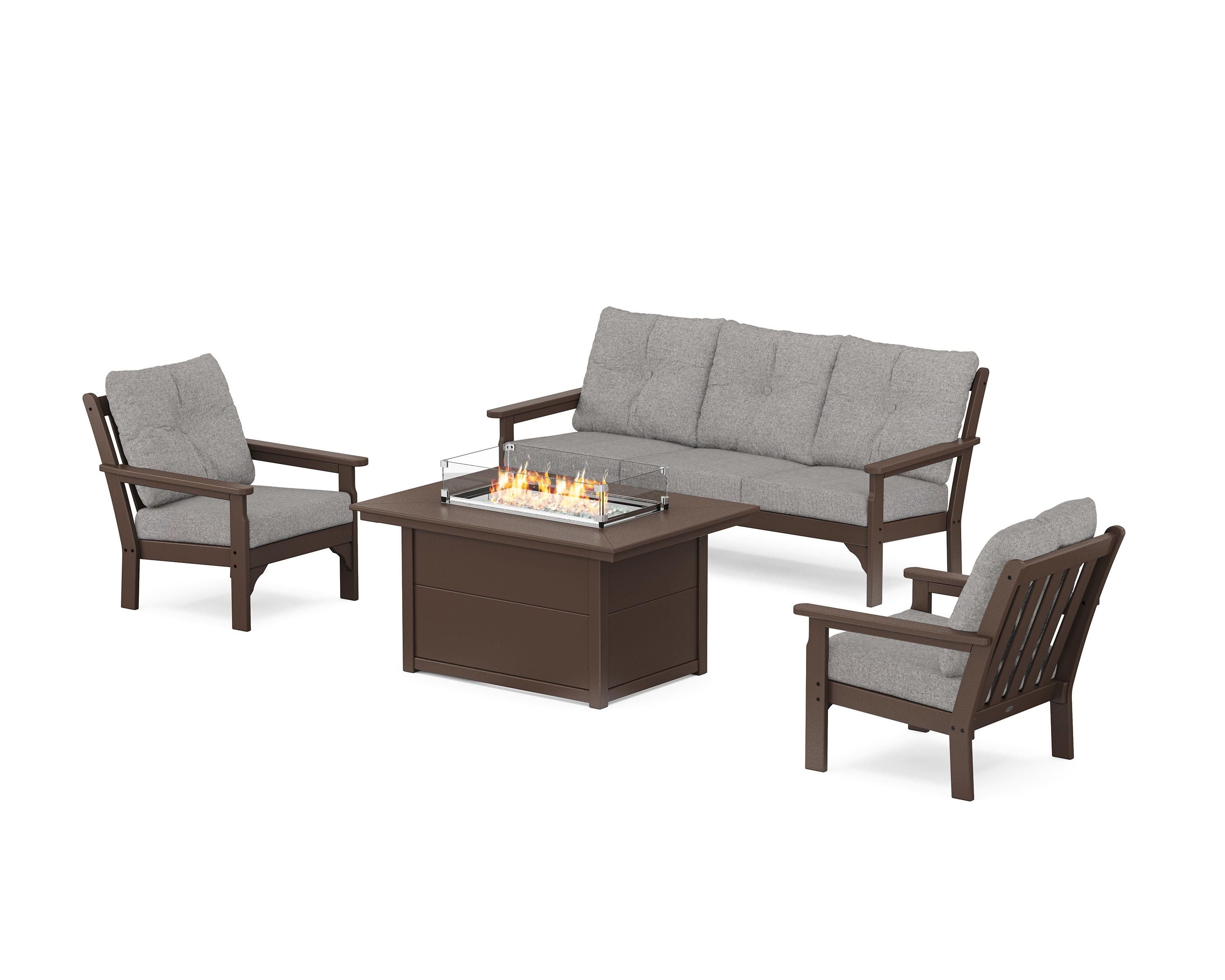 POLYWOOD® Vineyard Deep Seating Fire Pit Table Set in Mahogany / Grey Mist