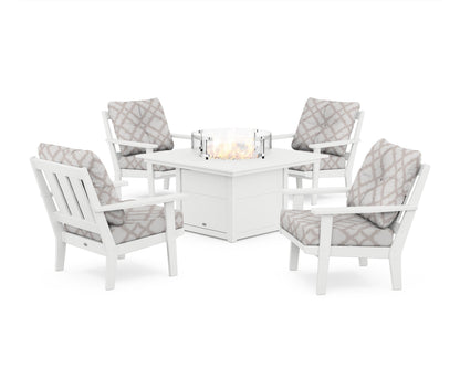 POLYWOOD® Oxford 5-Piece Deep Seating Set with Fire Pit Table in White / Trellis Dune Burlap