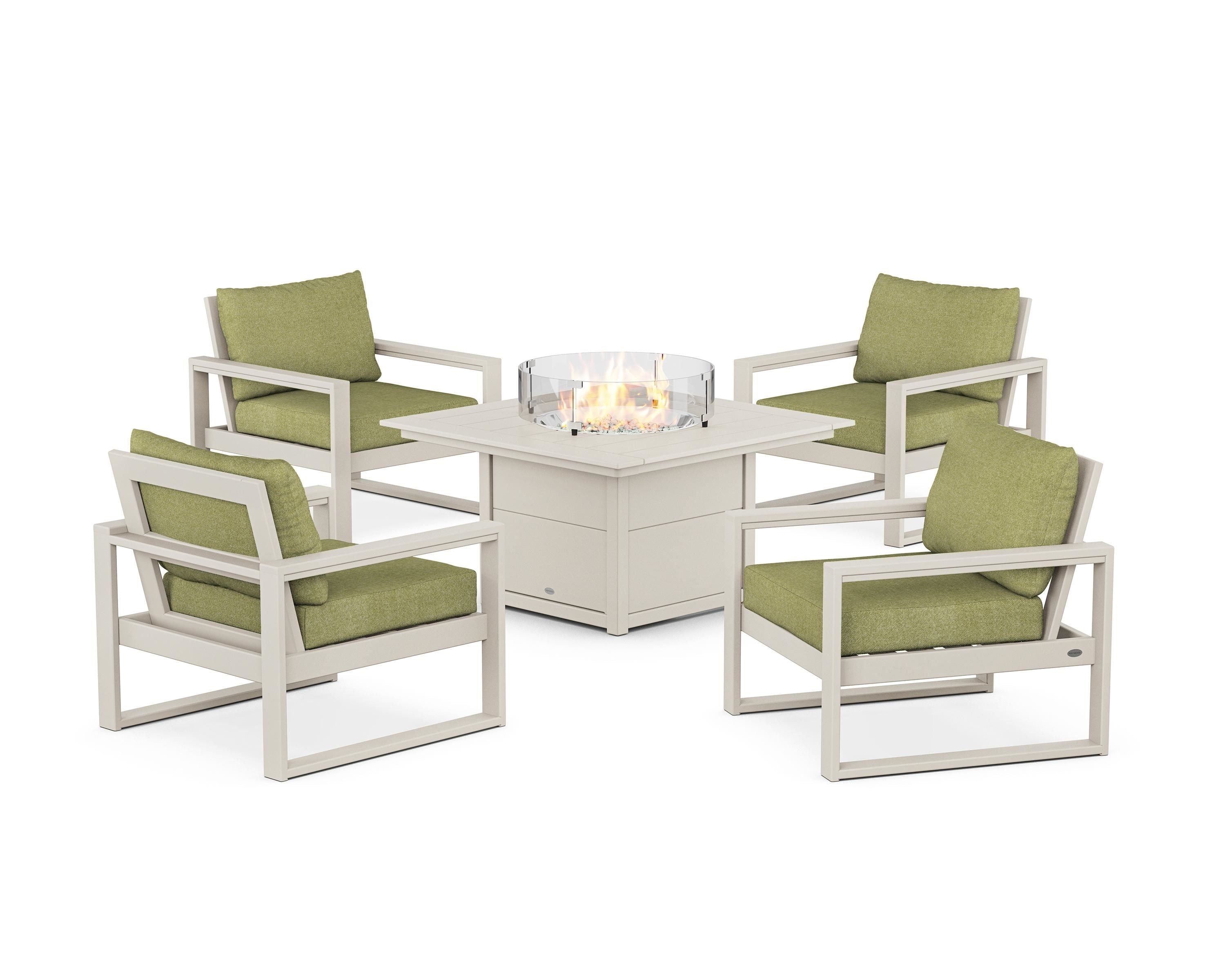 POLYWOOD® EDGE Sectional 5-Piece Deep Seating Set with Fire Pit Table in Sand / Chartreuse Boucle