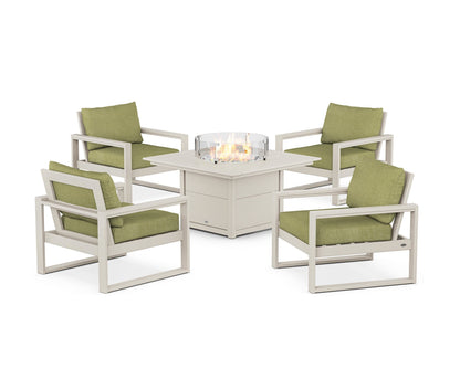 POLYWOOD® EDGE Sectional 5-Piece Deep Seating Set with Fire Pit Table in Sand / Chartreuse Boucle