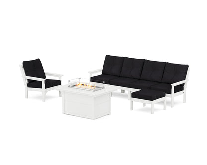 POLYWOOD® Vineyard Sectional Lounge and Fire Pit Set in White / Midnight Linen