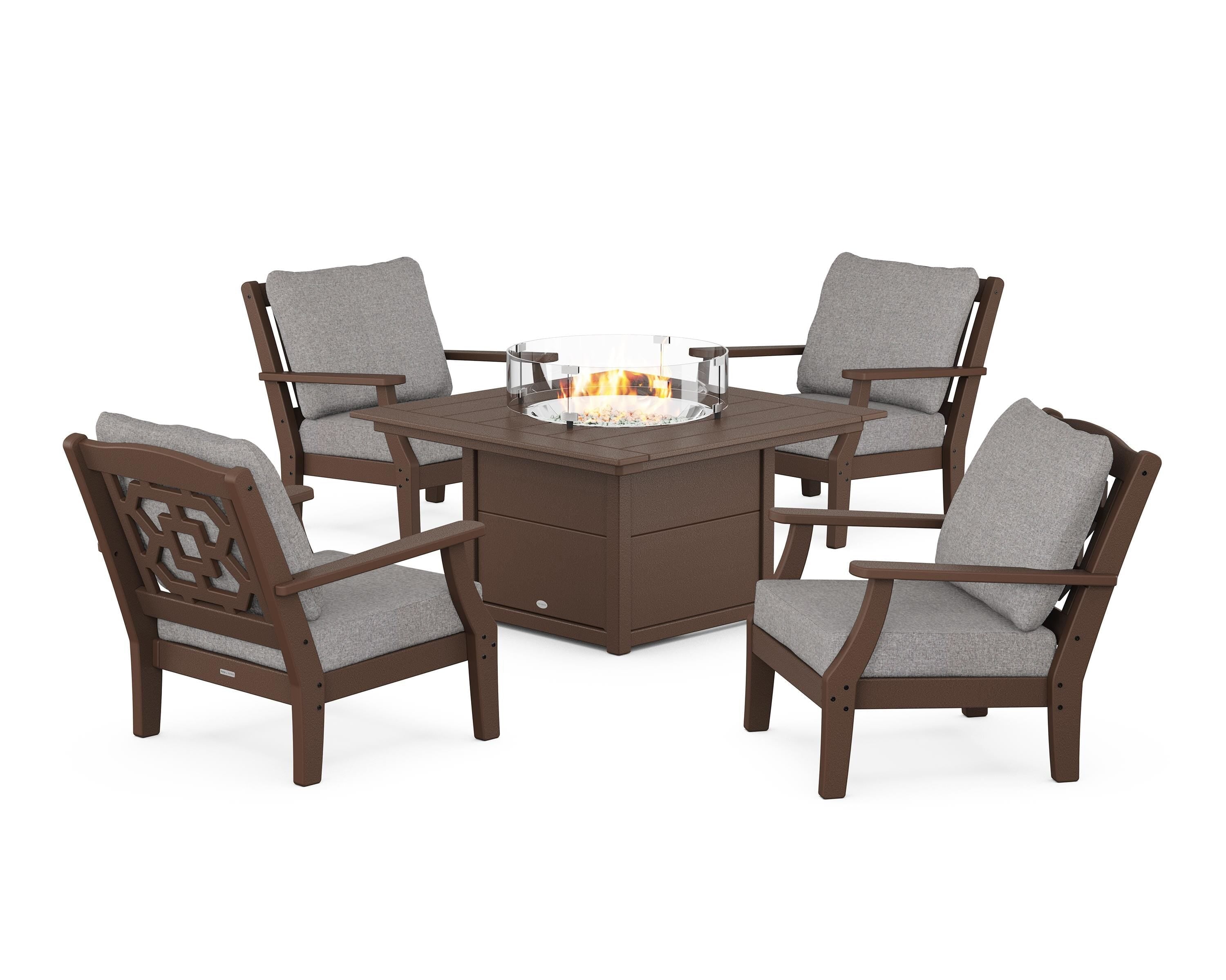 Martha Stewart by POLYWOOD® Chinoiserie 5-Piece Deep Seating Set with Fire Pit Table in Mahogany / Grey Mist