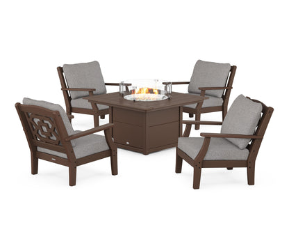 Martha Stewart by POLYWOOD® Chinoiserie 5-Piece Deep Seating Set with Fire Pit Table in Mahogany / Grey Mist