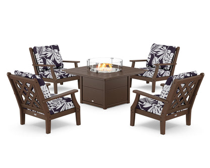 Country Living Wovendale 5-Piece Deep Seating Set with Fire Pit Table in Mahogany / Leaf Navy