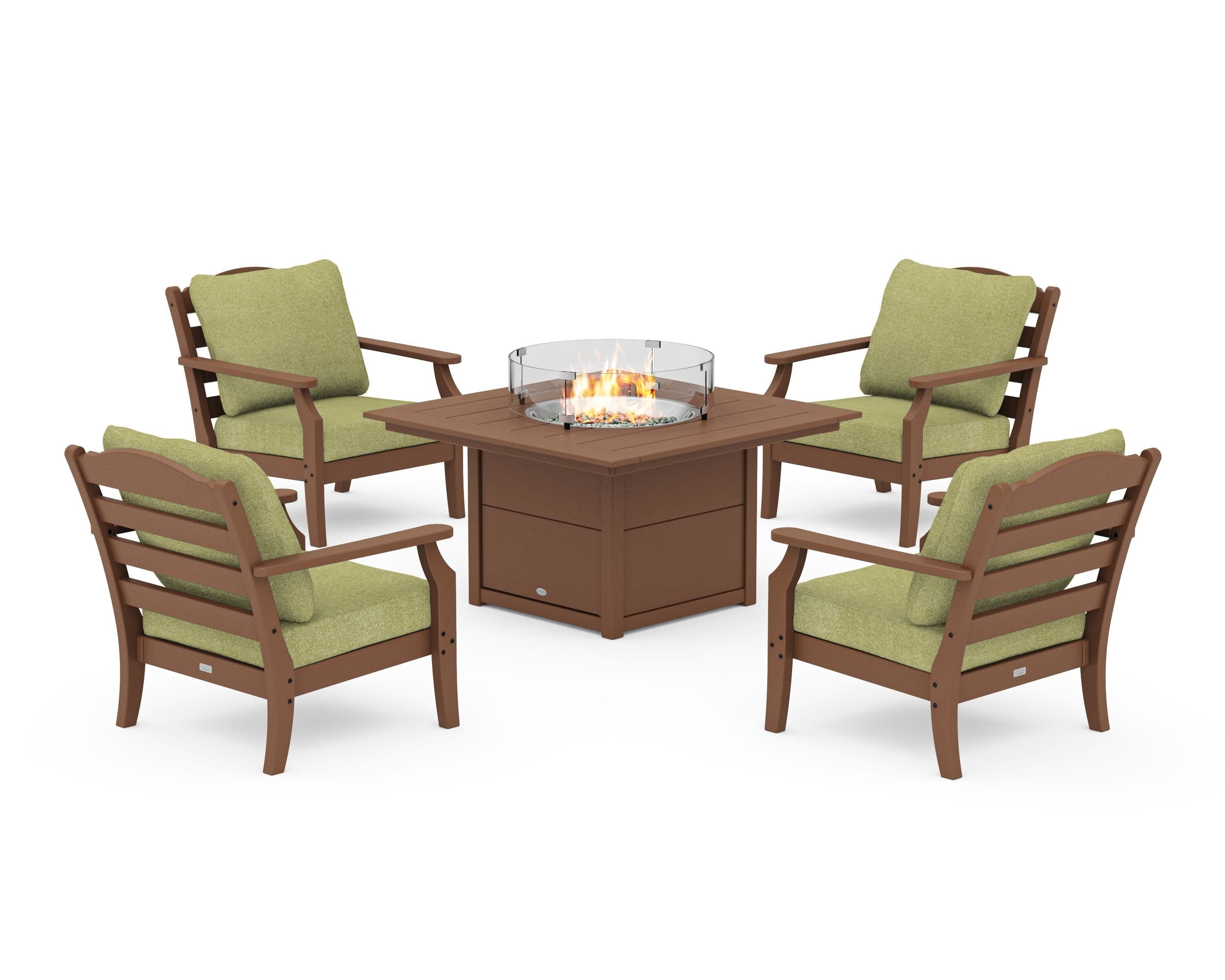 Draper James™ by  POLYWOOD® Savannah 5-Piece Deep Seating Set with Fire Pit Table in Teak / Chartreuse Boucle