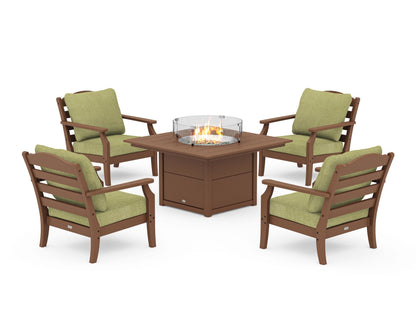 Draper James™ by  POLYWOOD® Savannah 5-Piece Deep Seating Set with Fire Pit Table in Teak / Chartreuse Boucle