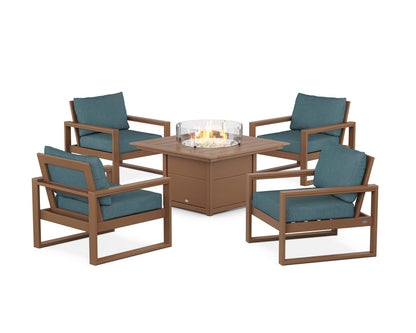 POLYWOOD® EDGE Sectional 5-Piece Deep Seating Set with Fire Pit Table in Teak / Ocean Teal