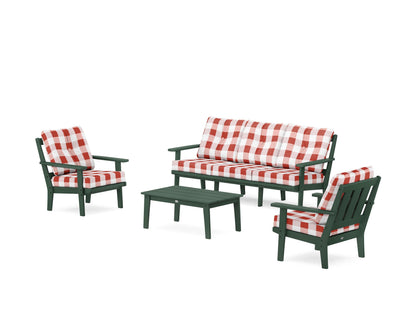 POLYWOOD® Oxford 4-Piece Deep Seating Set with Sofa in Green / Buffalo Plaid Crimson