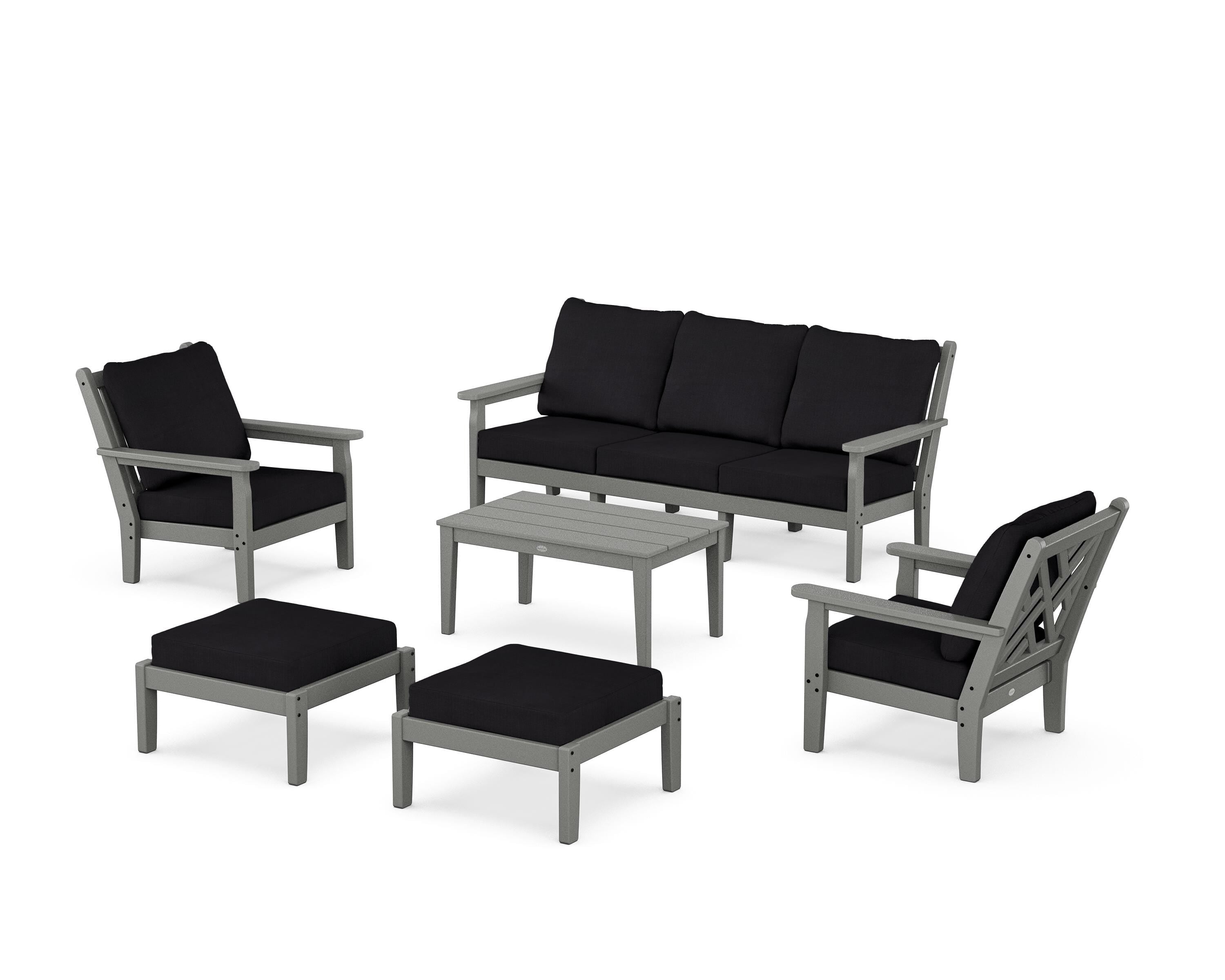 POLYWOOD® Chippendale 6-Piece Lounge Sofa Set in Slate Grey / Midnight Linen