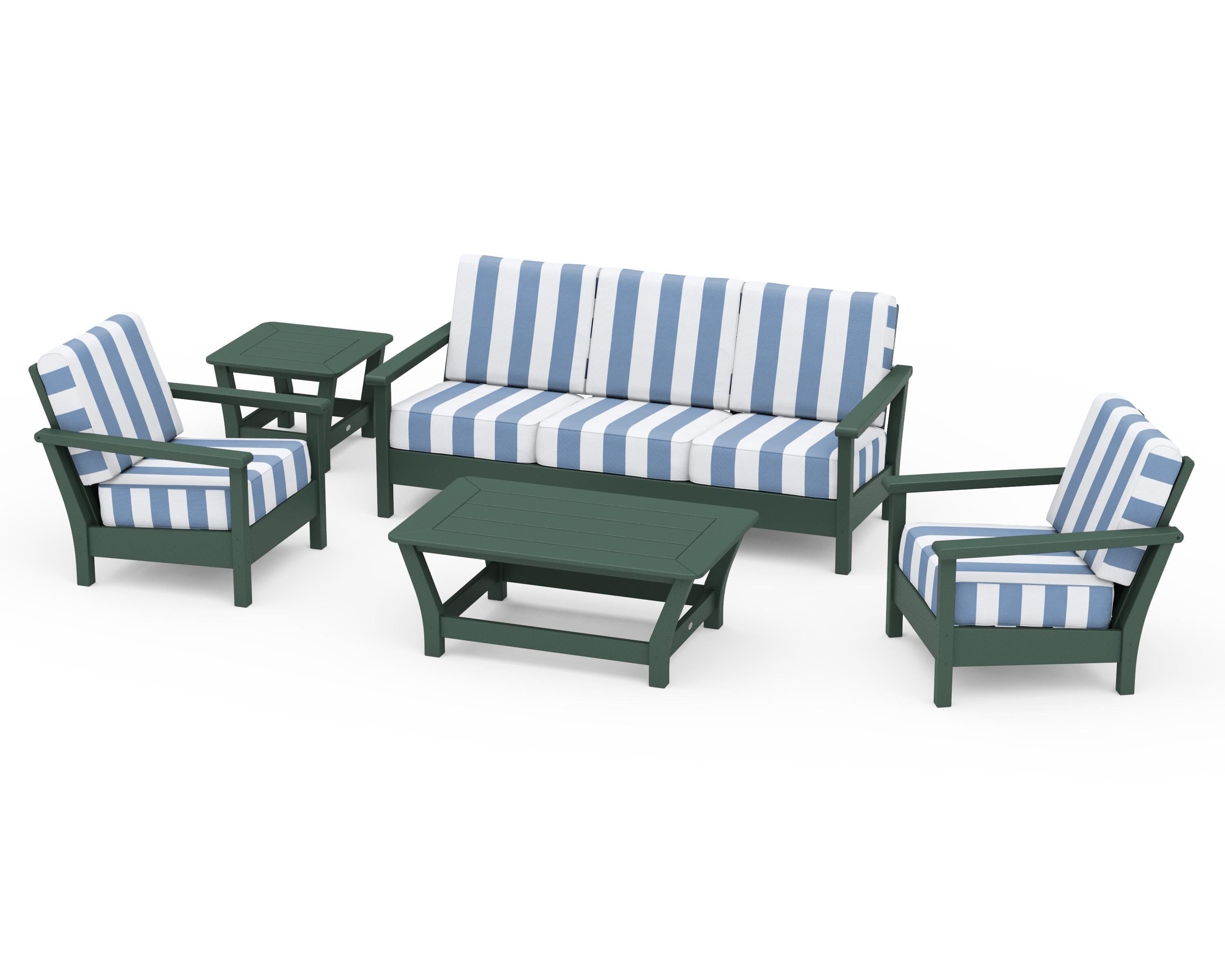 POLYWOOD® Harbour 5-Piece Deep Seating Set in Green / Cabana Stripe Sky Blue
