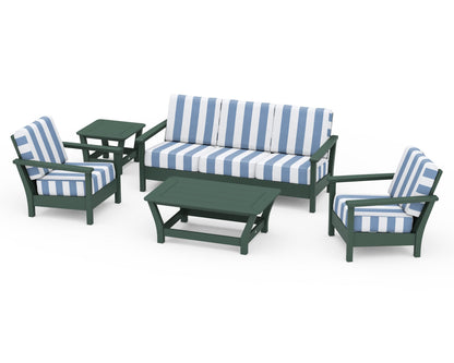 POLYWOOD® Harbour 5-Piece Deep Seating Set in Green / Cabana Stripe Sky Blue
