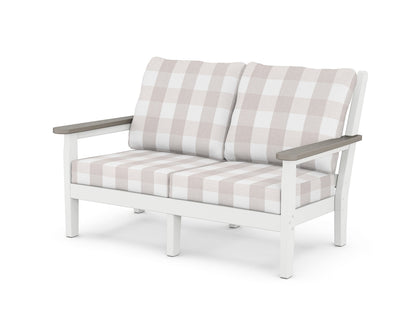 POLYWOOD® Chippendale Deep Seating Loveseat in White / Driftwood / Buffalo Plaid Dune Burlap