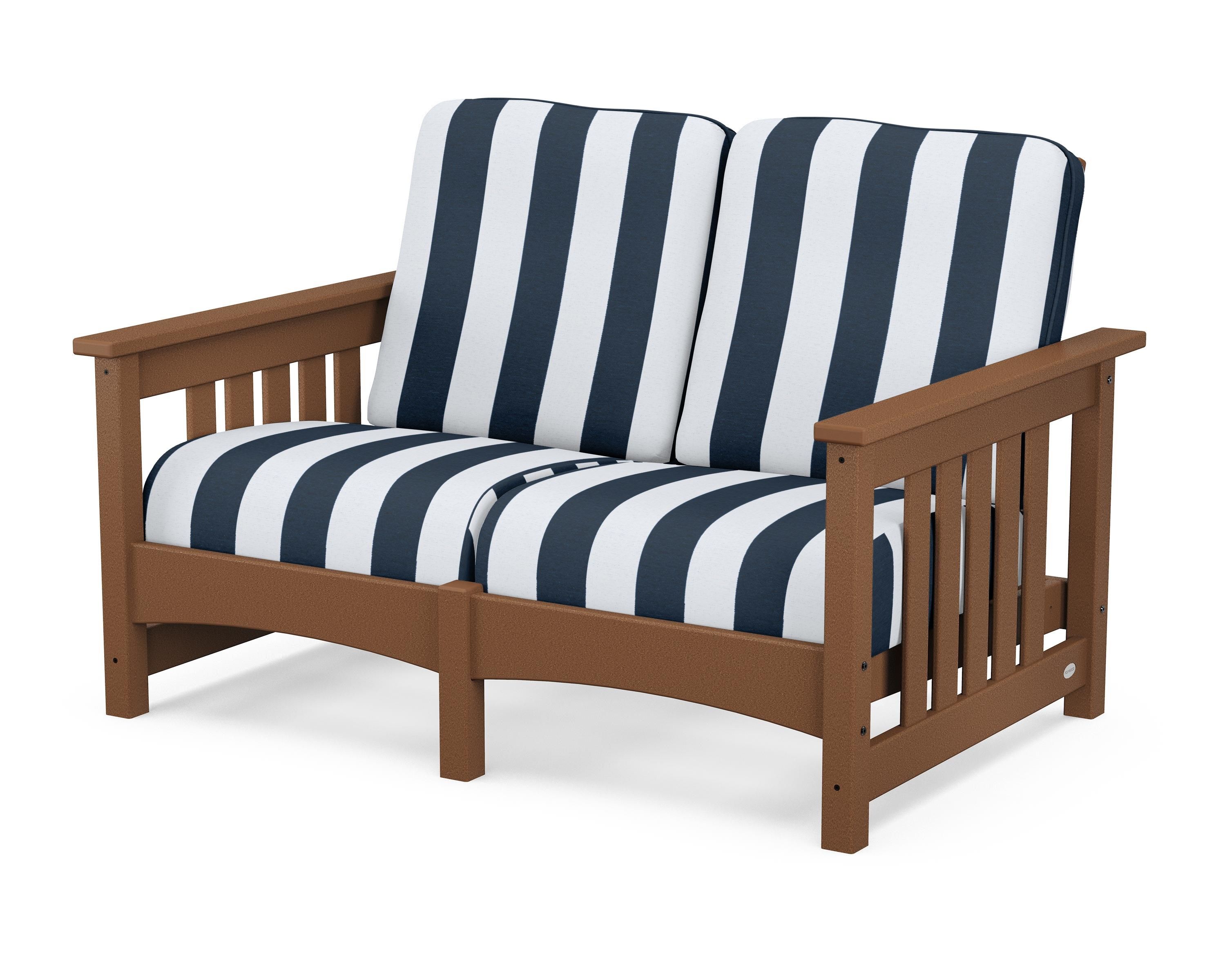 POLYWOOD® Club Mission Loveseat in Teak / Cabana Stripe Marine Indigo