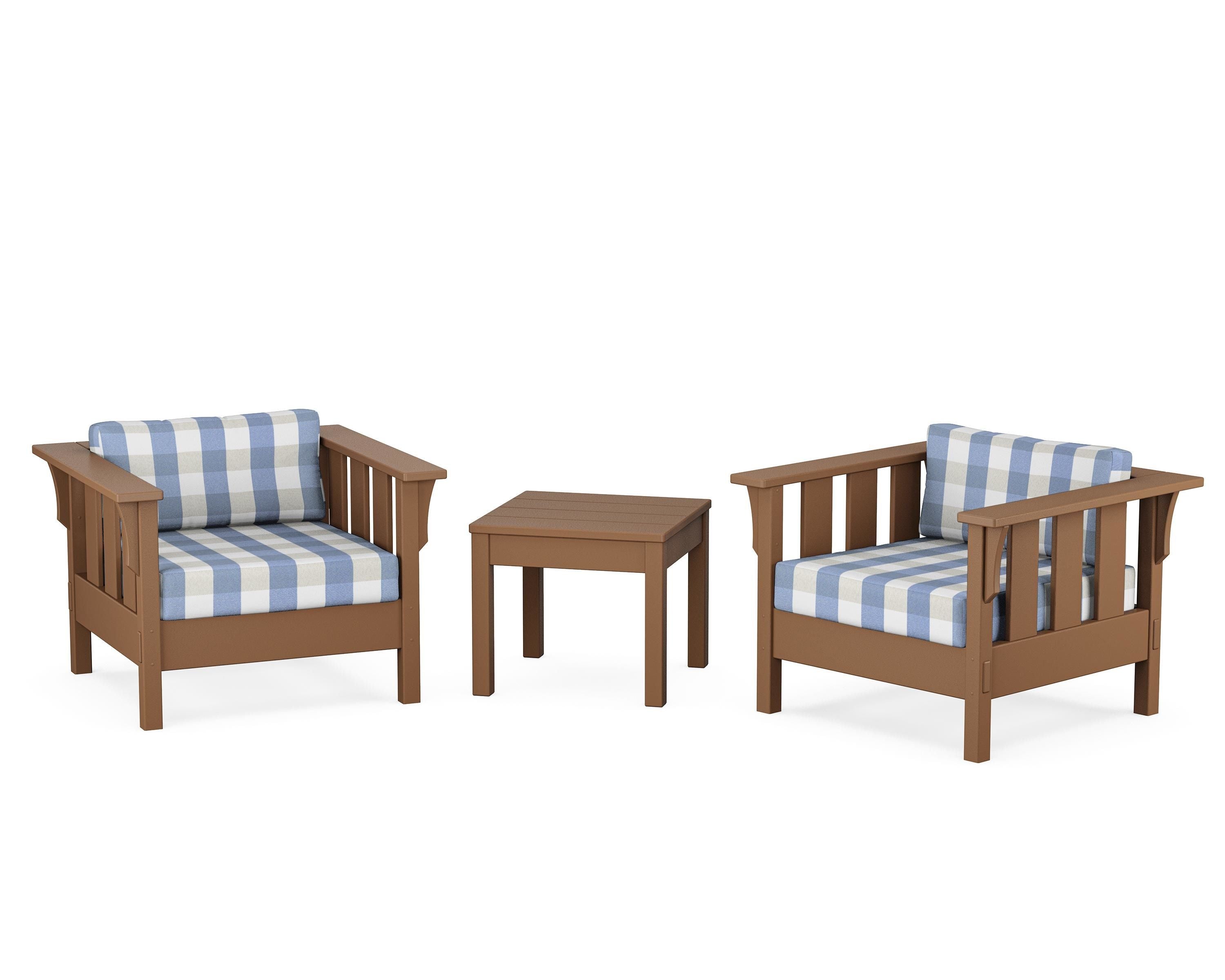 Martha Stewart by POLYWOOD® Acadia 3-Piece Deep Seating Set in Teak / Buffalo Plaid Sky Blue