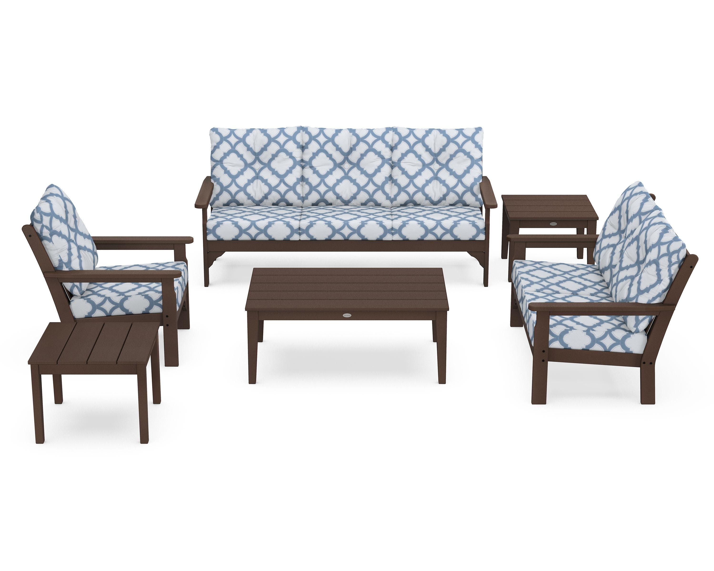 POLYWOOD® Vineyard 6-Piece Deep Seating Set in Mahogany / Trellis Sky Blue