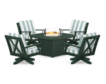 POLYWOOD® Braxton 5-Piece Deep Seating Swivel Conversation Set with Fire Pit Table in Green / Cabana Stripe Glacier Spa