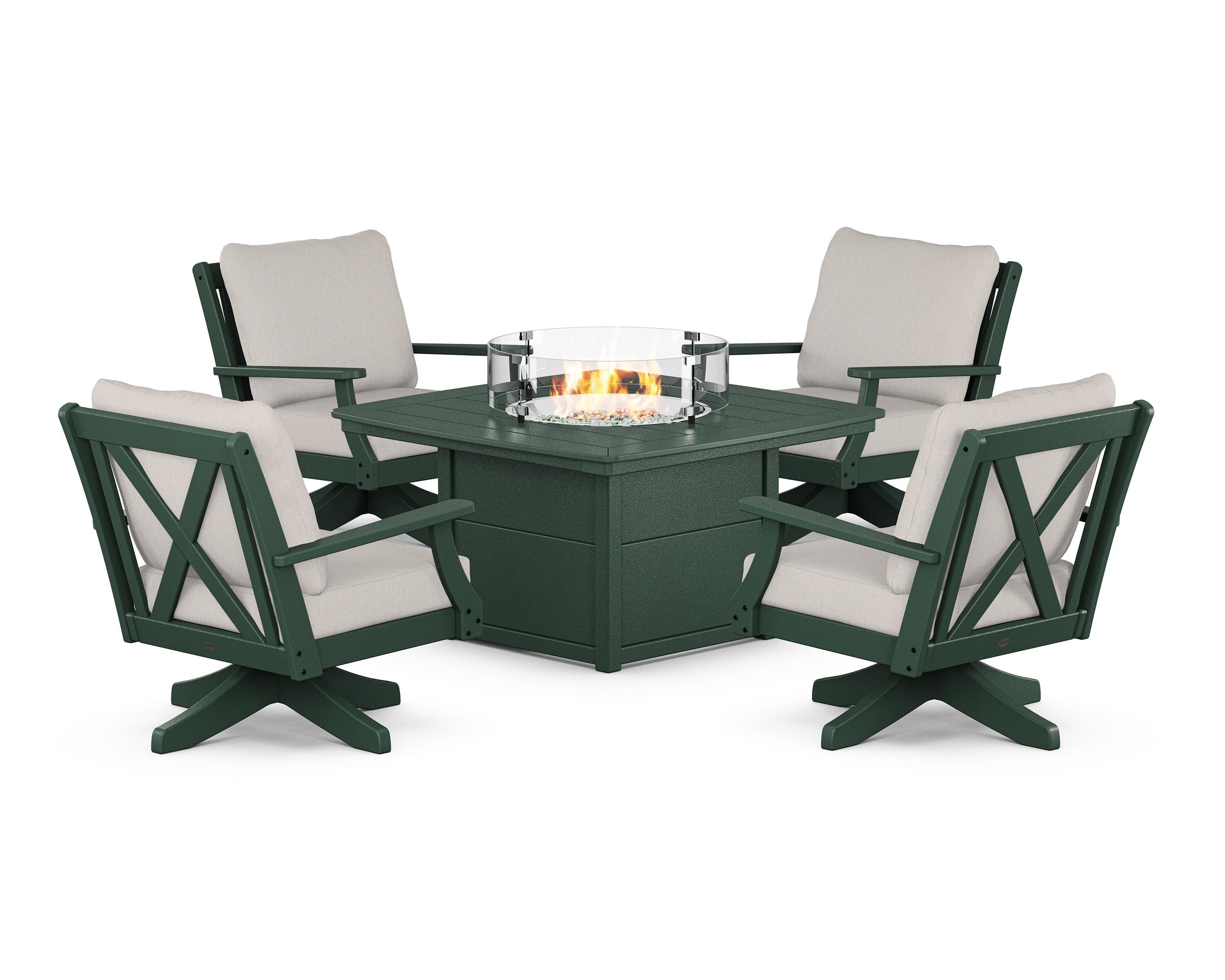 POLYWOOD® Braxton 5-Piece Deep Seating Swivel Conversation Set with Fire Pit Table in Green / Cast Ash