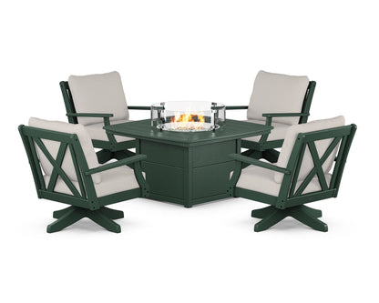 POLYWOOD® Braxton 5-Piece Deep Seating Swivel Conversation Set with Fire Pit Table in Green / Cast Ash
