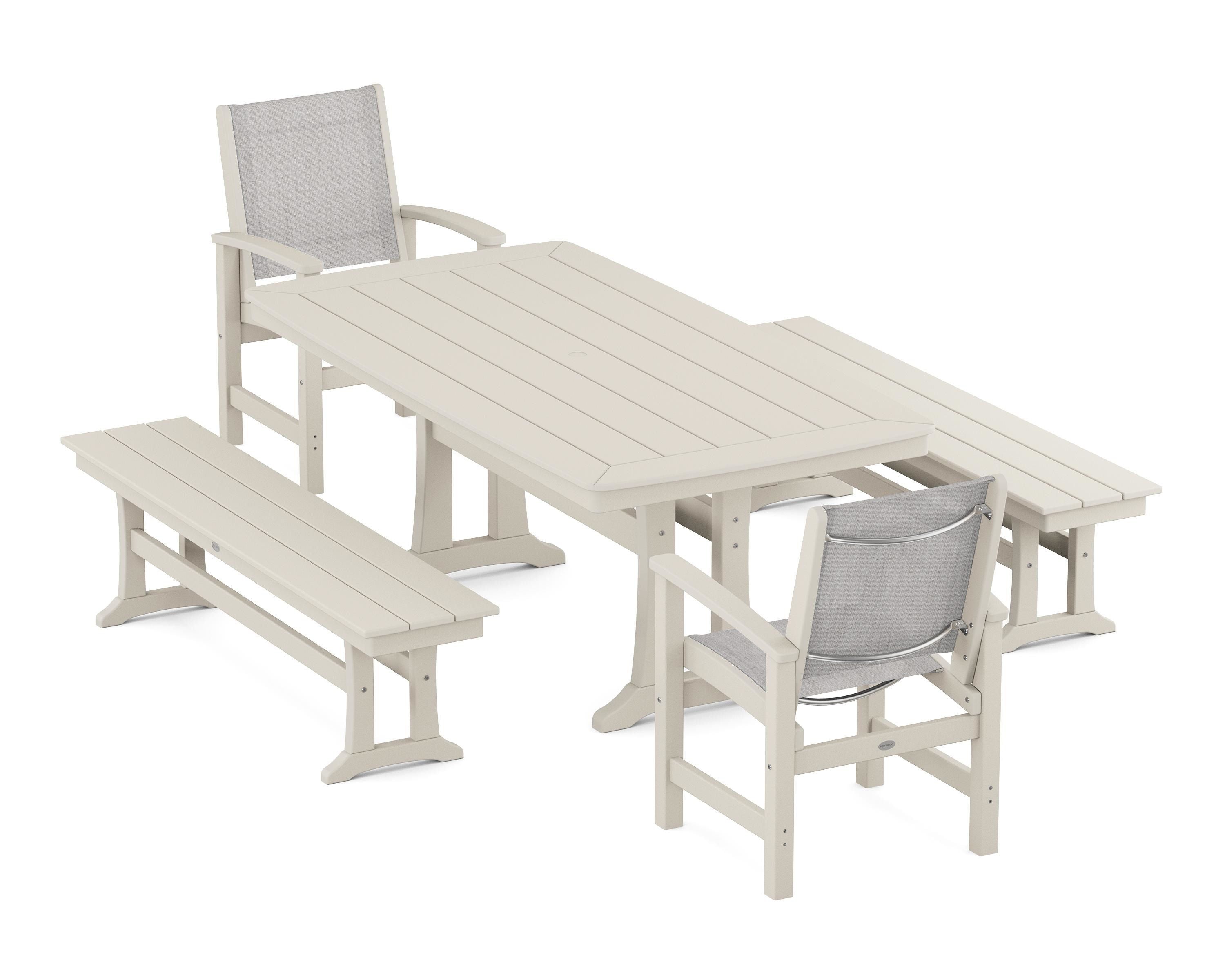POLYWOOD® Coastal 5-Piece Dining Set with Trestle Legs and Benches in Sand / Parchment Sling