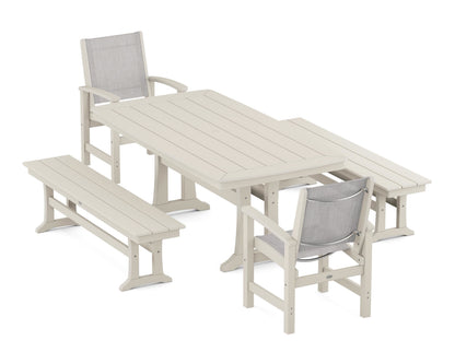 POLYWOOD® Coastal 5-Piece Dining Set with Trestle Legs and Benches in Sand / Parchment Sling