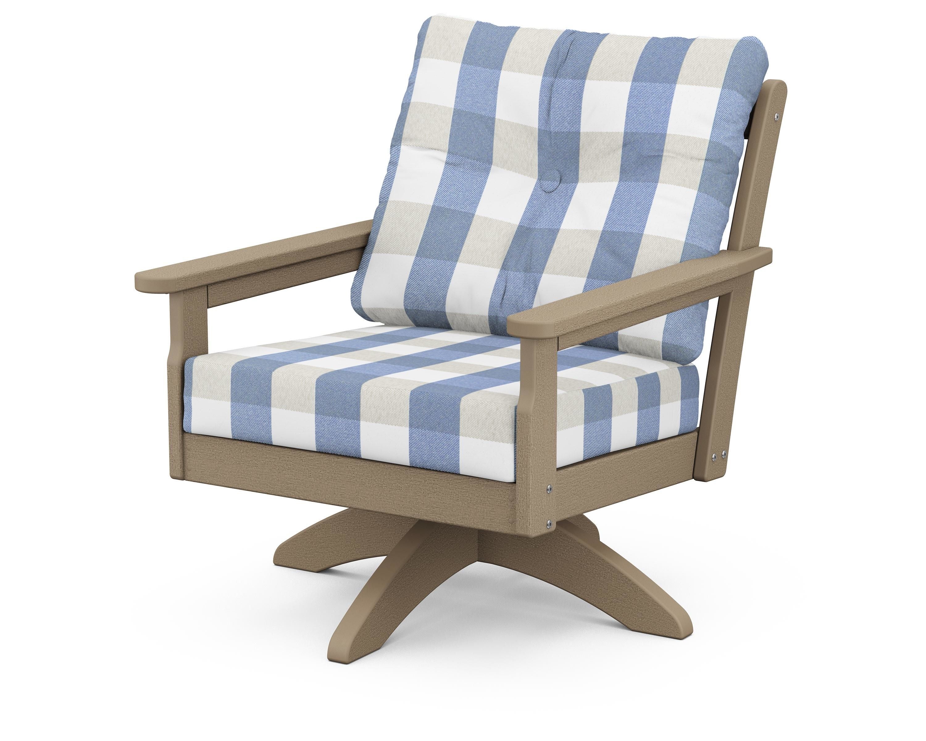 POLYWOOD® Vineyard Deep Seating Swivel Chair in Vintage Sahara / Buffalo Plaid Sky Blue