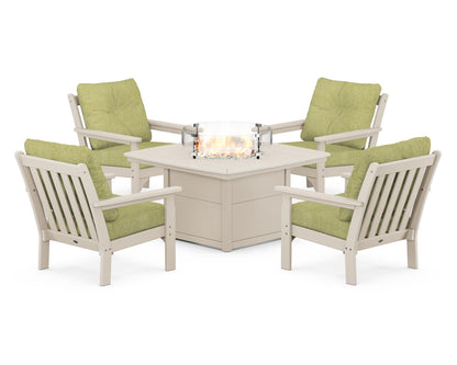 POLYWOOD® Vineyard 5-Piece Conversation Set with Fire Pit Table in Sand / Chartreuse Boucle