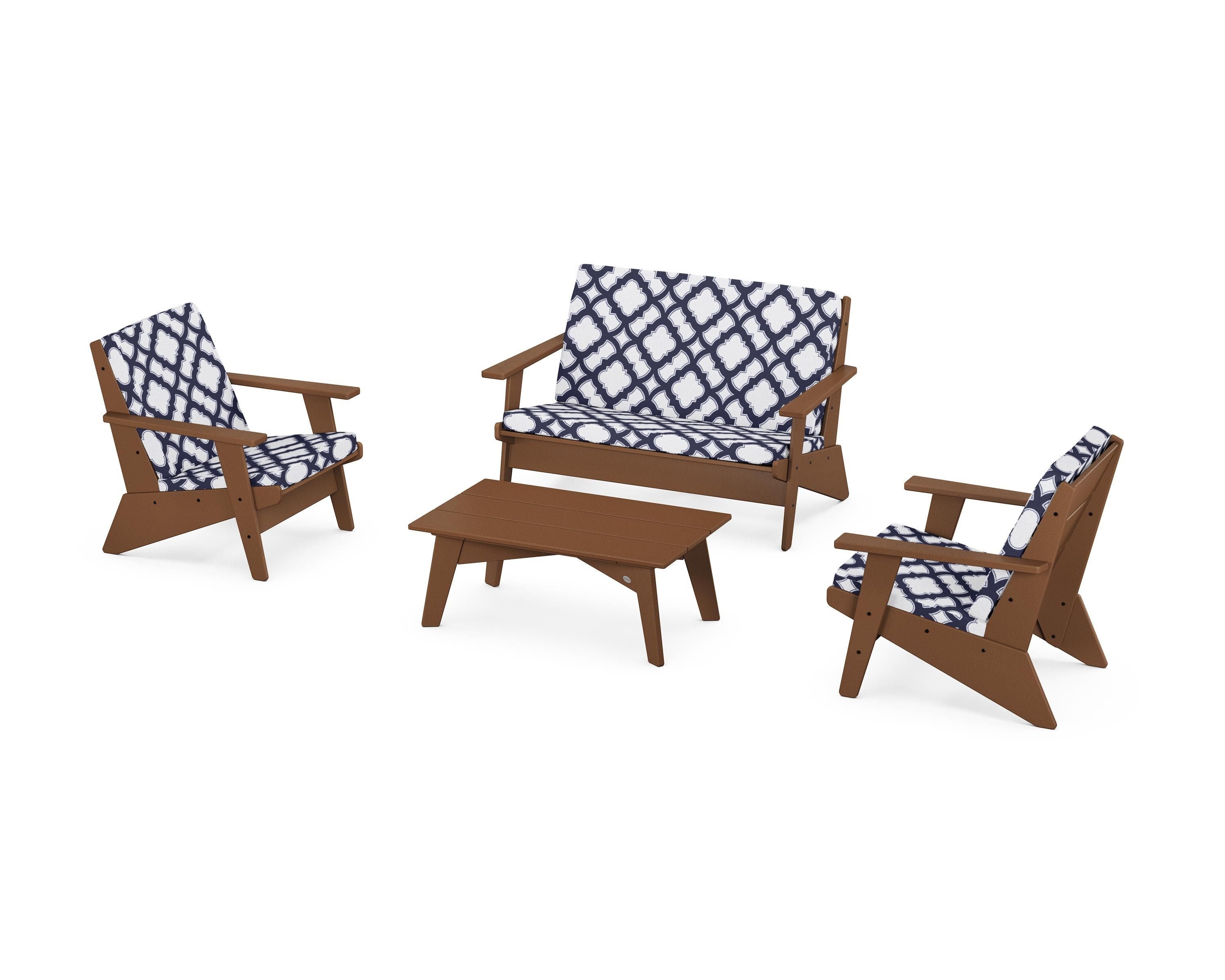 POLYWOOD® Riviera Modern Lounge 4-Piece Set in Teak / Trellis Navy