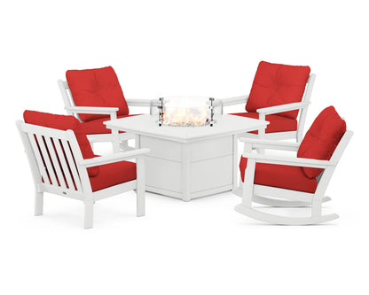 POLYWOOD® Vineyard 5-Piece Deep Seating Rocking Chair Conversation Set with Fire Pit Table in White / Crimson Linen