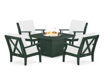 POLYWOOD® Braxton 5-Piece Deep Seating Conversation Set with Fire Pit Table in Green / Natural