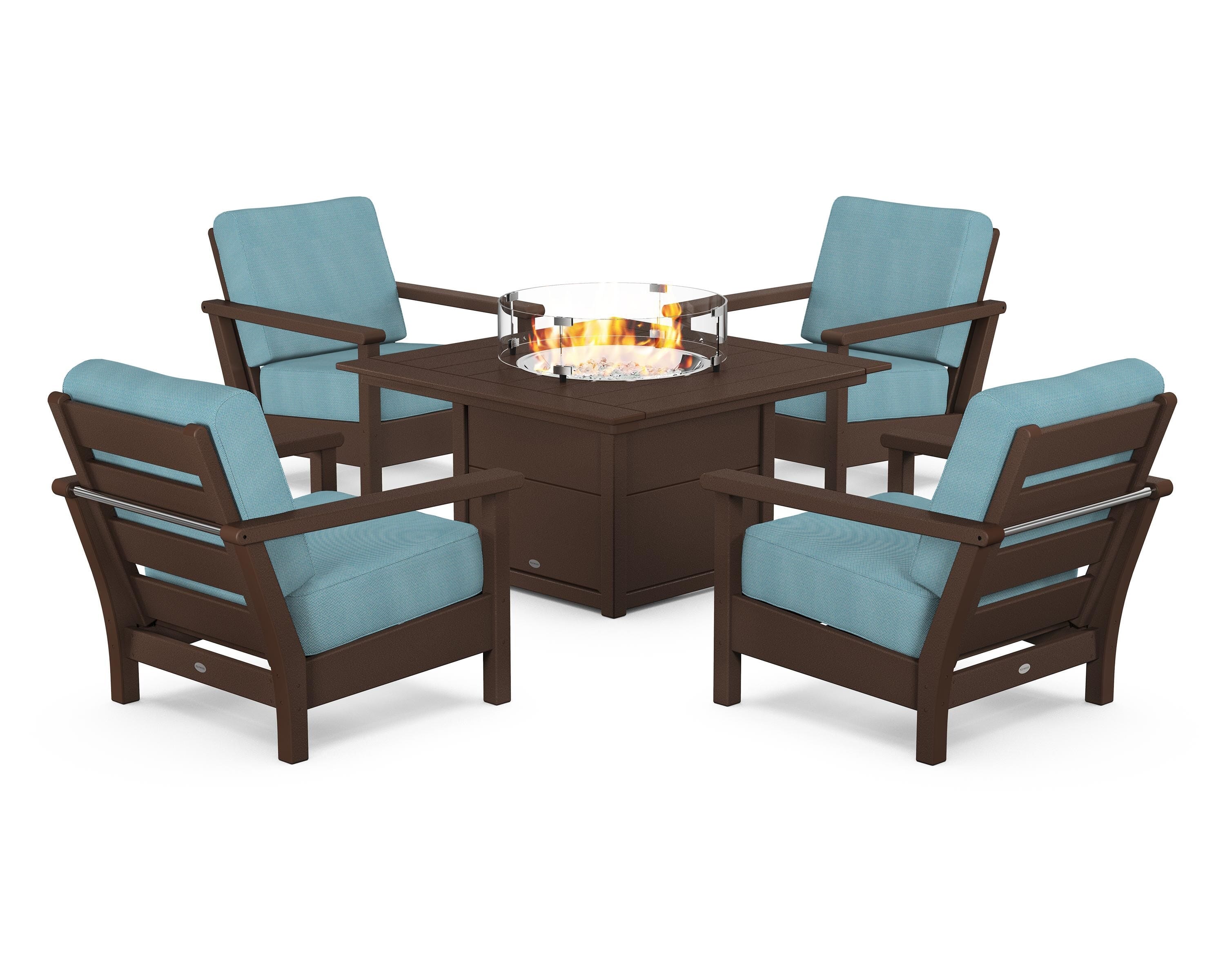 POLYWOOD® Harbour 5-Piece Conversation Set with Fire Pit Table in Mahogany / Lattice Sky Blue