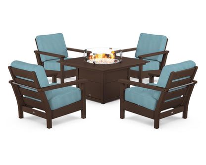 POLYWOOD® Harbour 5-Piece Conversation Set with Fire Pit Table in Mahogany / Lattice Sky Blue