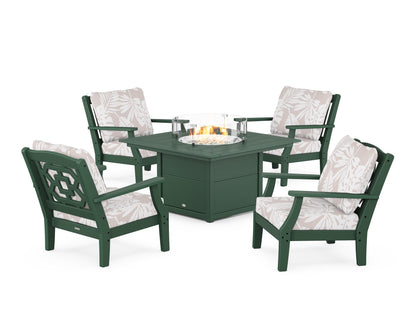 Martha Stewart by POLYWOOD® Chinoiserie 5-Piece Deep Seating Set with Fire Pit Table in Green / Leaf Dune Burlap