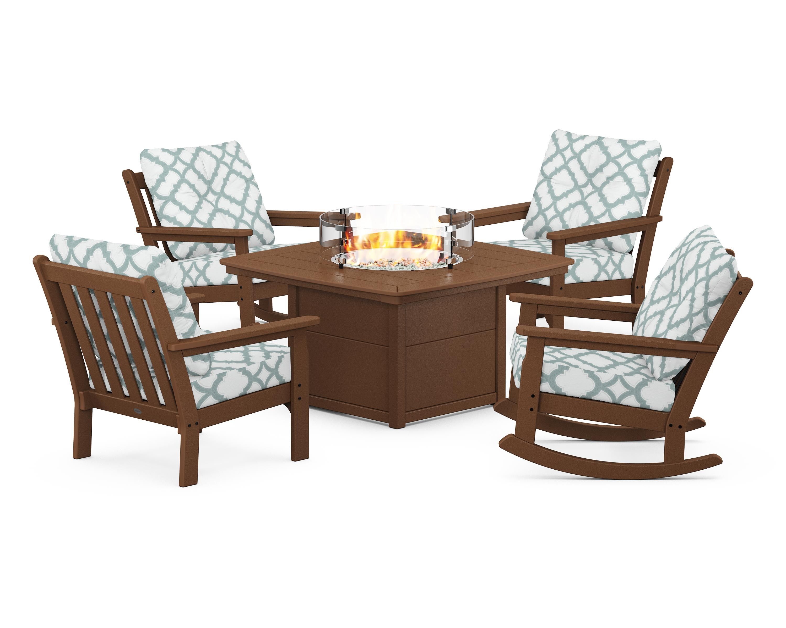POLYWOOD® Vineyard 5-Piece Deep Seating Rocking Chair Conversation Set with Fire Pit Table in Teak / Trellis Glacier Spa