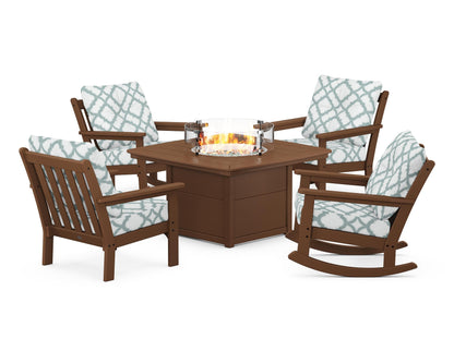POLYWOOD® Vineyard 5-Piece Deep Seating Rocking Chair Conversation Set with Fire Pit Table in Teak / Trellis Glacier Spa